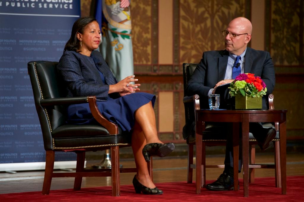 Dean Joel Hellman interviewing Ambassador Susan Rice