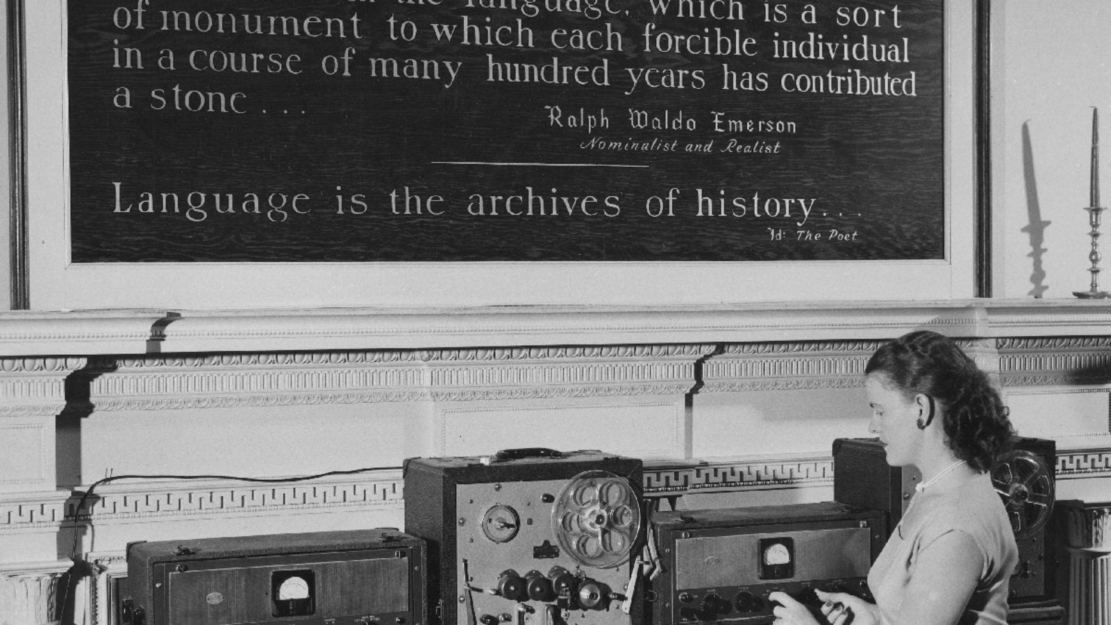 A student in the language laboratory at Georgetown University&#039;s Institute of Languages and Linguistics in 1950