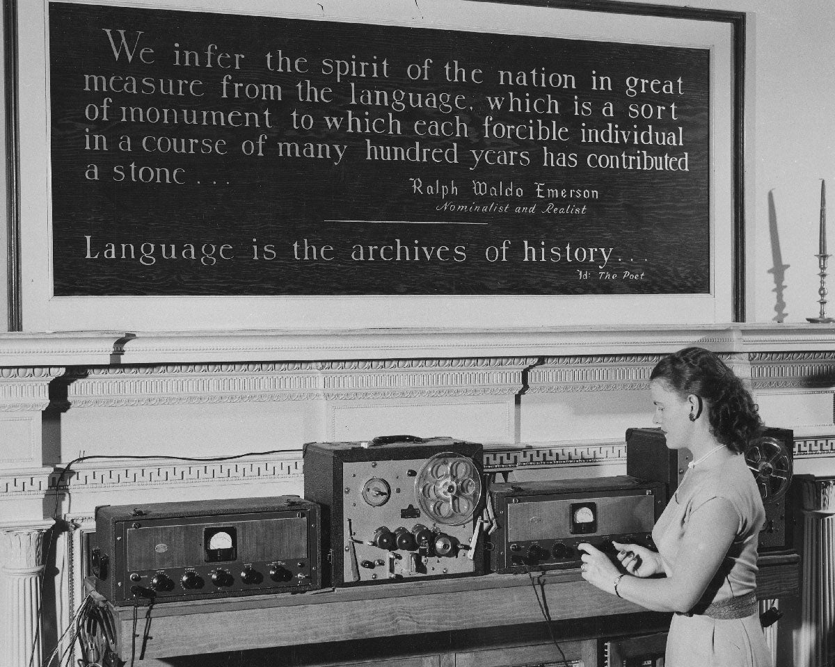 A student in the language laboratory at Georgetown University’s Institute of Languages and Linguistics in 1950