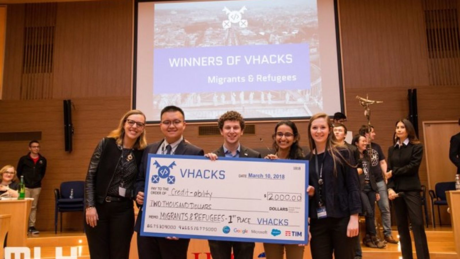 From left to right: Georgetown students Lucy Obus, Yanchen Wang, Jake Glass, Rushika Shekhar and Roisin McLoughlin at VHacks in Rome.