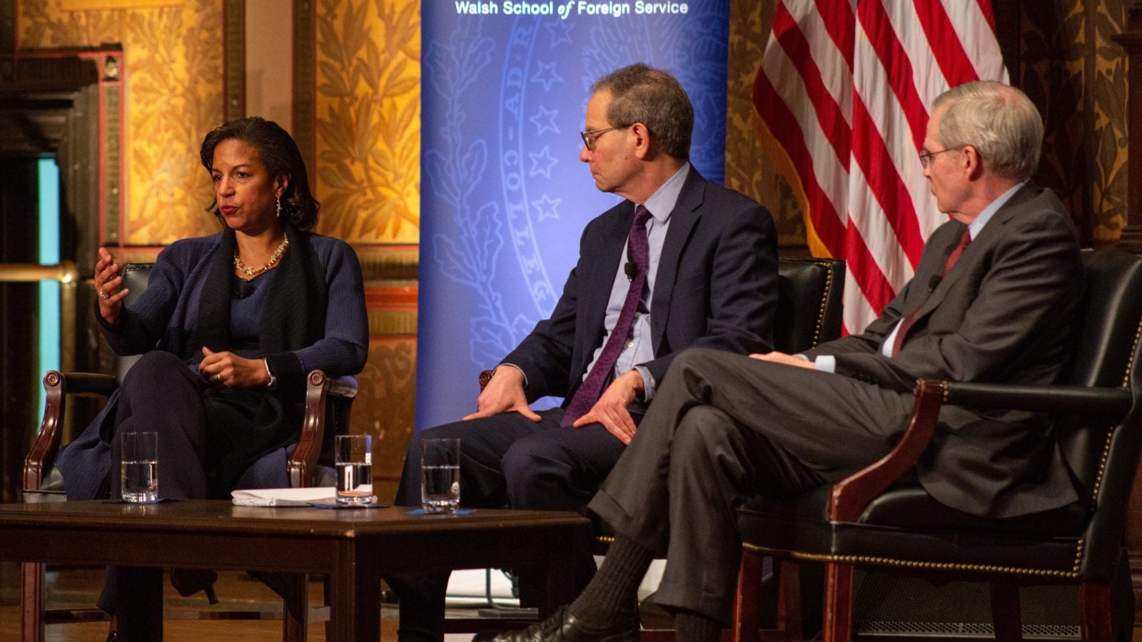 Susan Rice, Steven Hadley and Charles Kupchan on Gaston stage