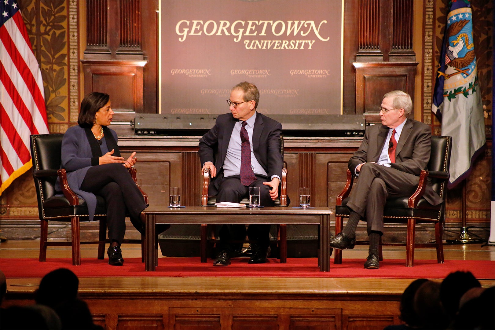 Stephen Hadley and Susan Rice speaking in Gatson Hall