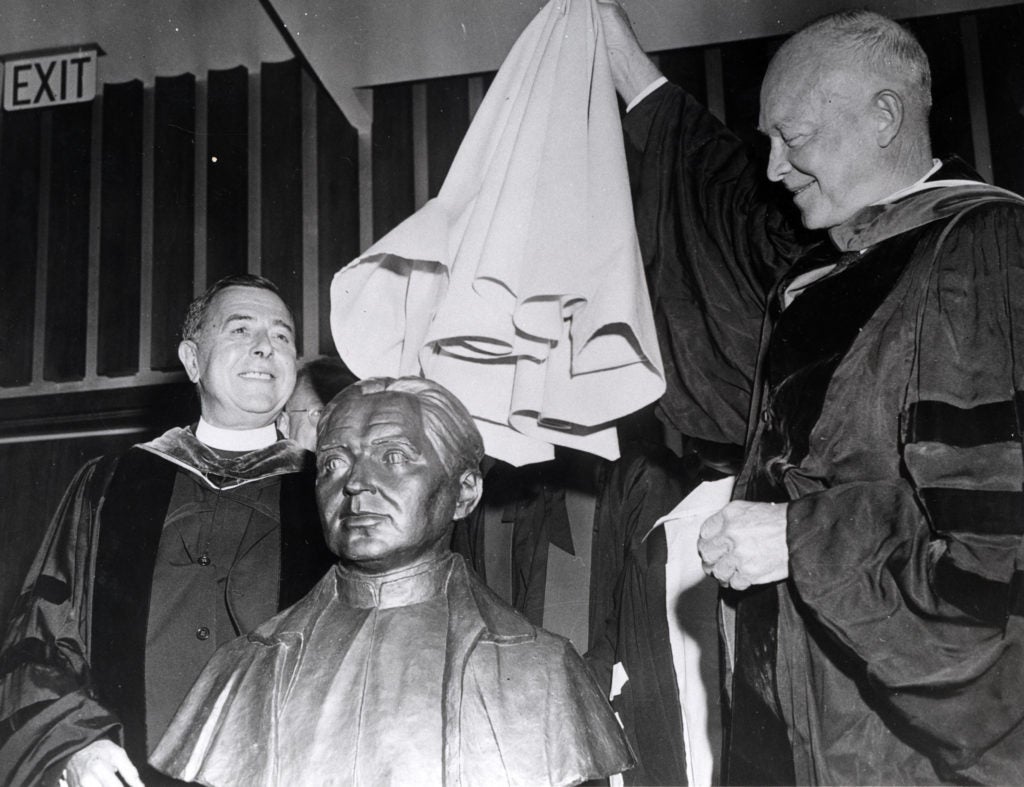 Unveiling of a Statue; Eisenhower dedicates the Walsh Building