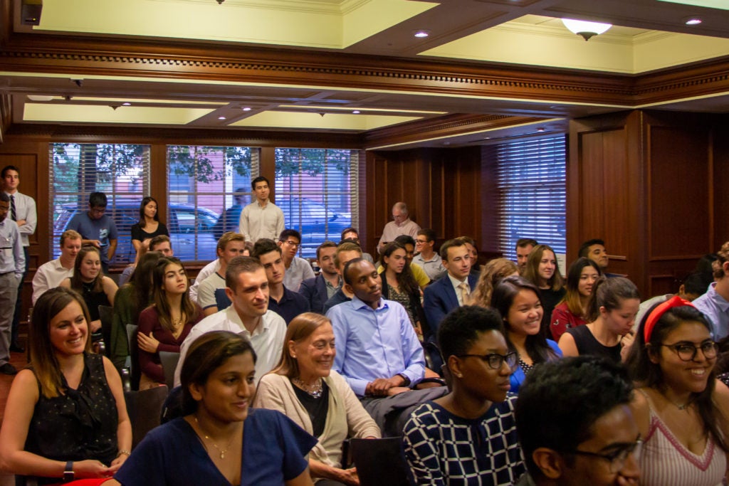 Students ask questions at Centennial Fellows event.