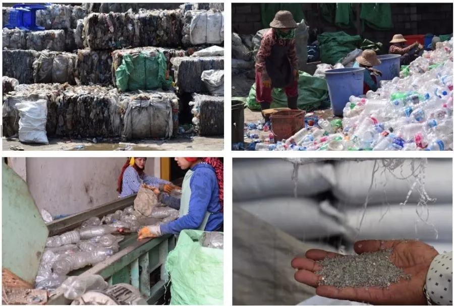 Four images in a grid pattern which feature the Coca-Cola recycling center in Nepal. The photos feature people in the beginning phases of collecting and processing recycling, and the end result of the recycling, in tiny shreds in the palm of someone's hand.