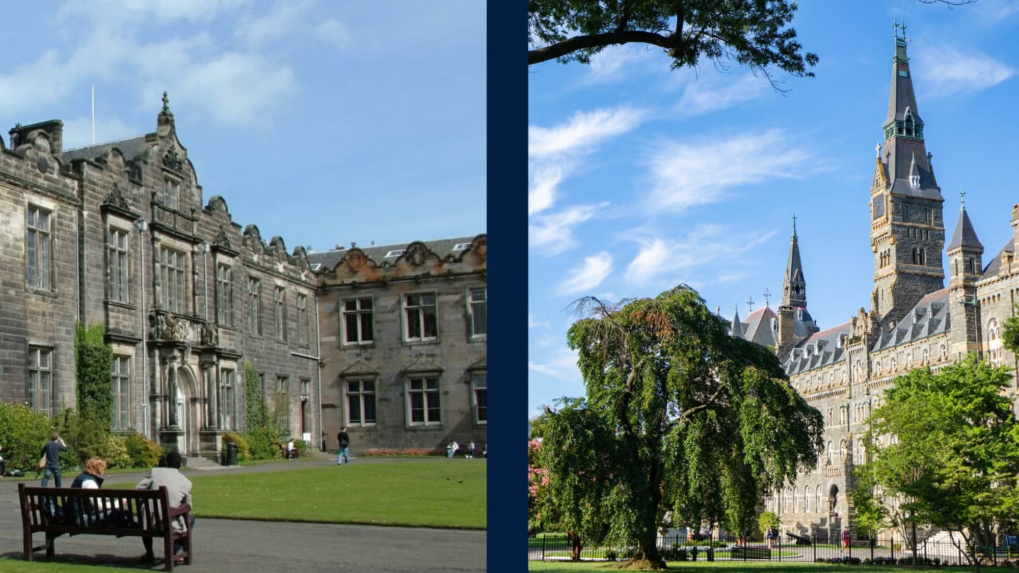 Two images of Healy Hall at different angles.
