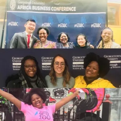 Three rows of photos, each featuring Maputi Botlhole, standing with Georgetown University students.