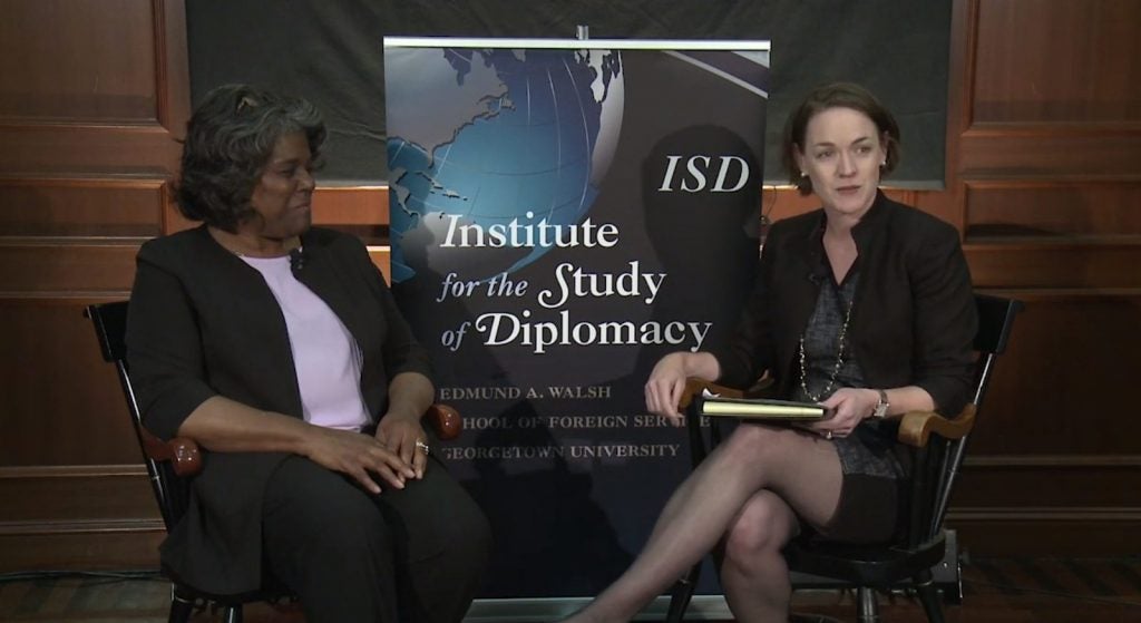 Photo of an interview with U.S. Ambassador to the UN Linda Thomas-Greenfield for the Diverse Diplomacy  Series