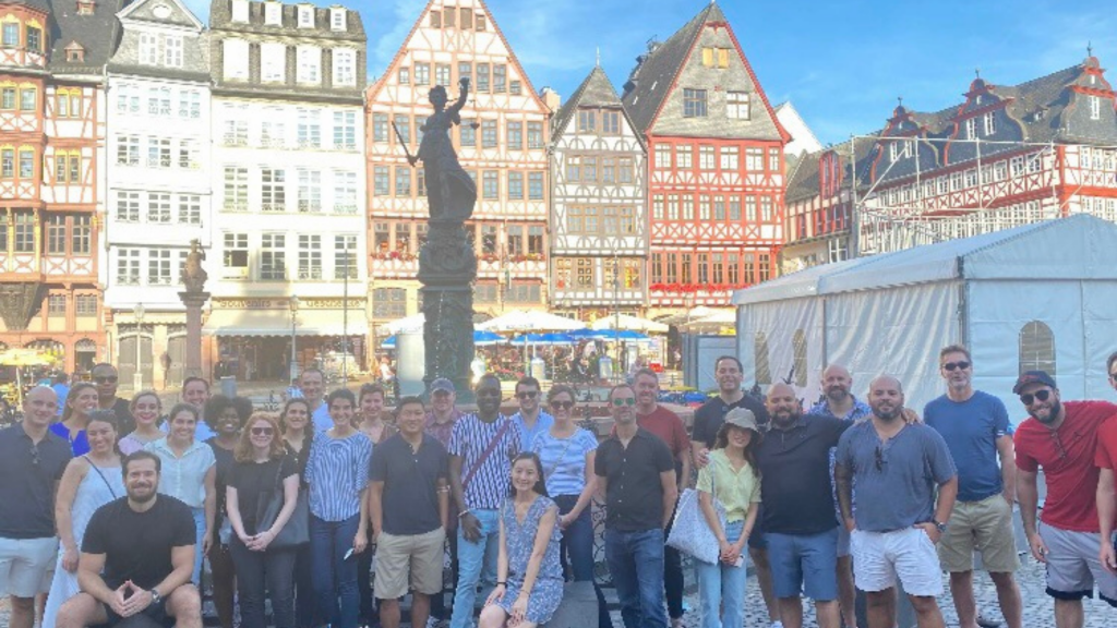 A group of students are posing in front of a row of traditional German homes.