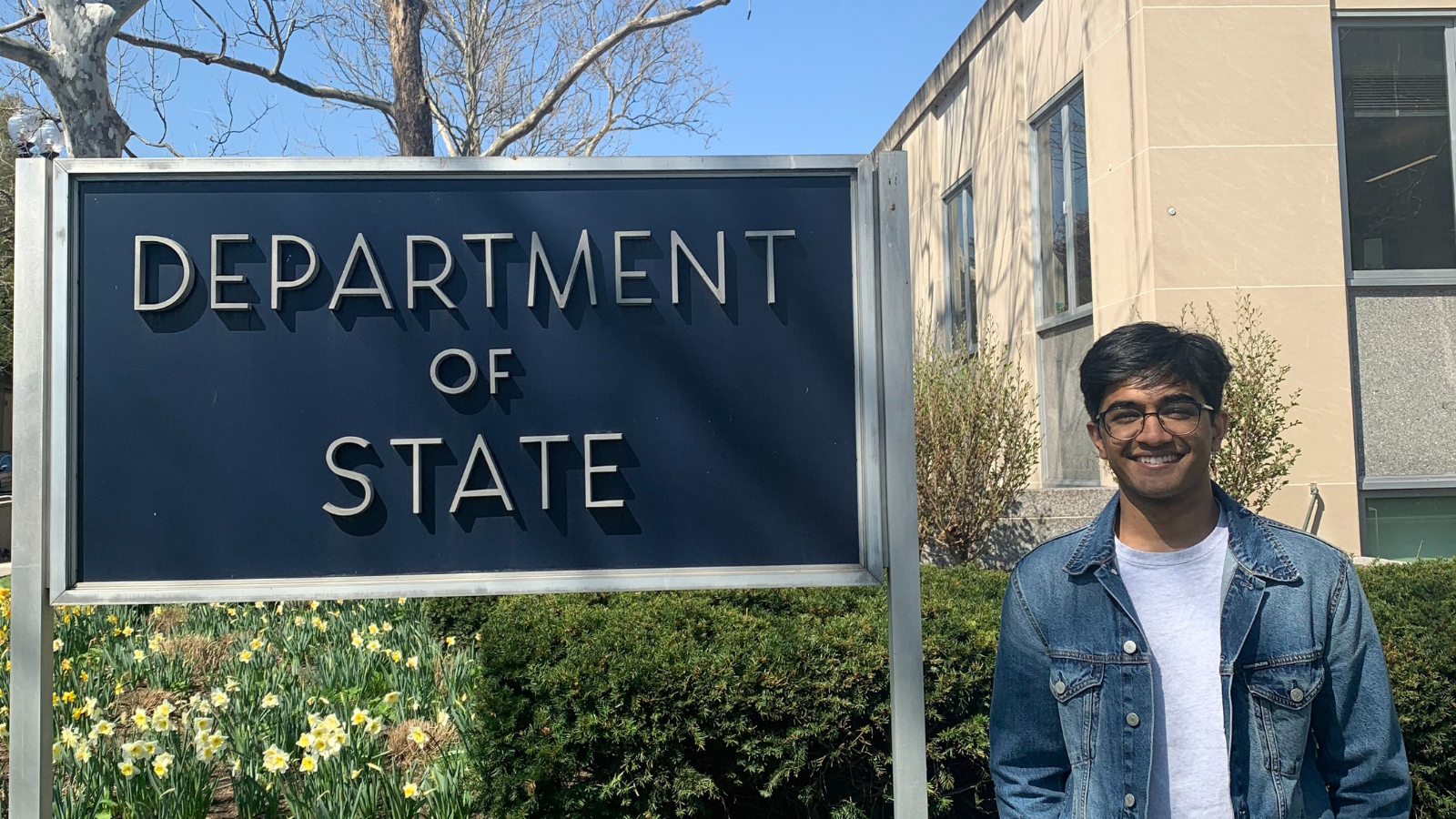 Gupta poses in front of the U.S. State Department building.