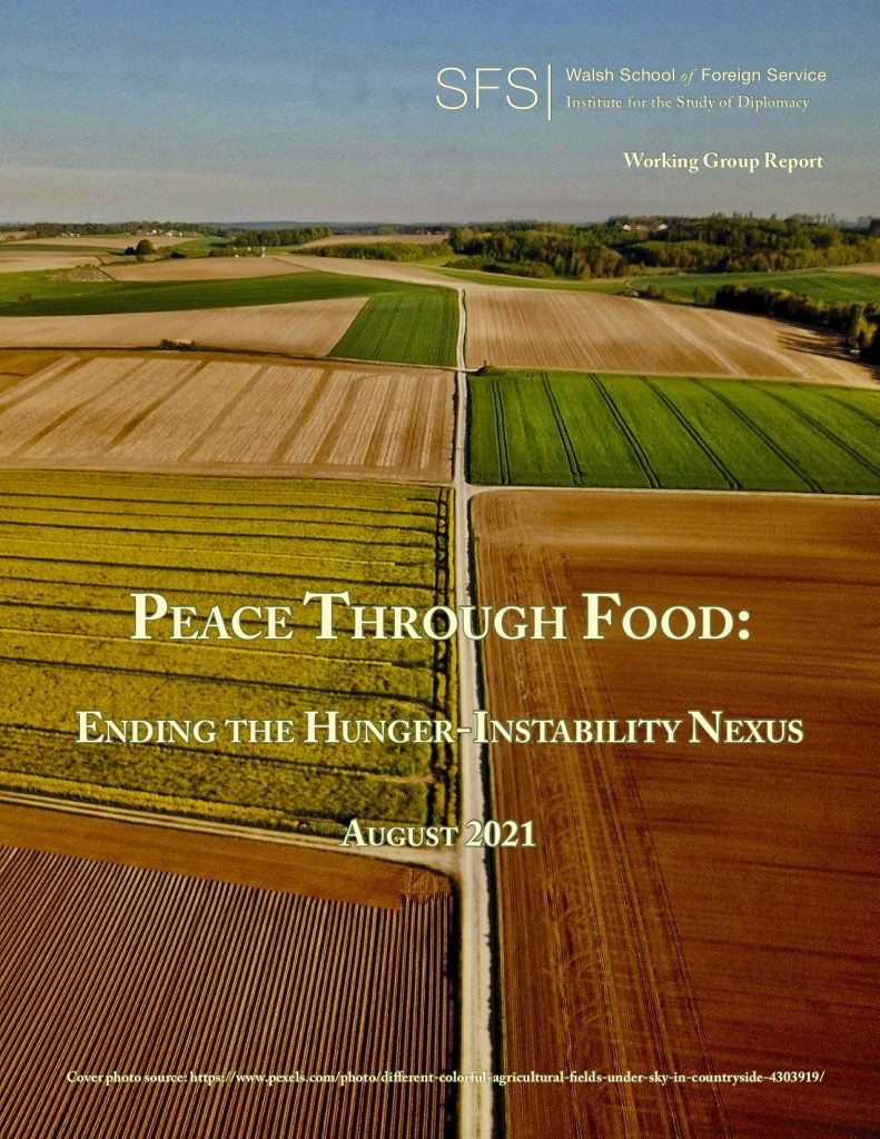 Research report cover. Title "Peace Through Food: Ending the Hunger-Instability Nexus" is superimposed on photo of agricultural land. 