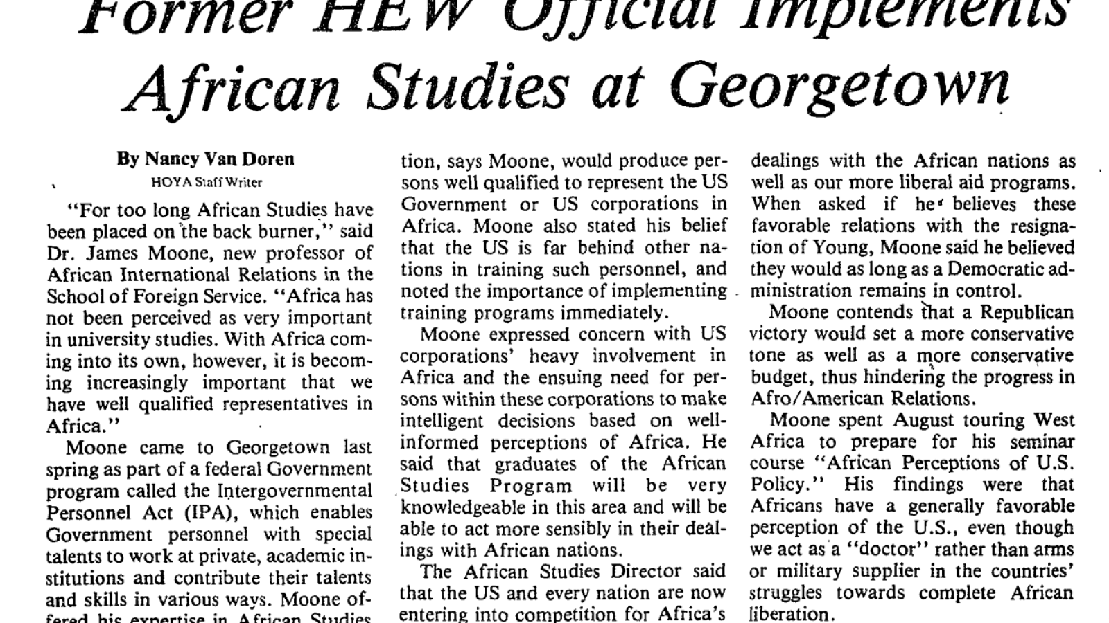 A screenshot of a scanned newspaper article from 1979 about the founding of the African Studies Program at Georgetown. The headline reads 