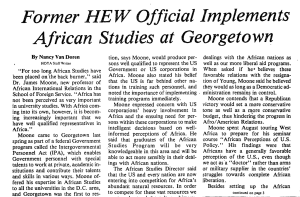 A screenshot of a scanned newspaper article from 1979 about the founding of the African Studies Program at Georgetown. The headline reads "Former HEW Official Implements African Studies at Georgetown."
