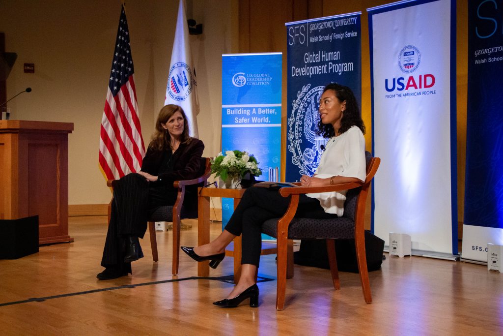 SFS graduate student Katryna Mahoney interviews USAID Administrator Samantha Power