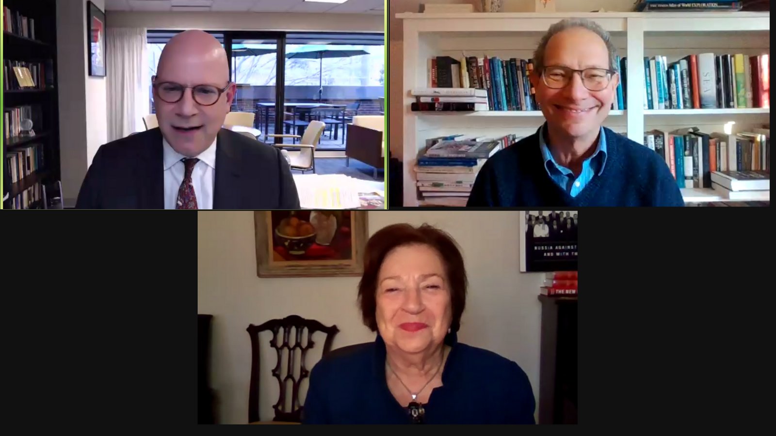 A photo of a Zoom grid view featuring SFS Dean Joel Hellman, SFS Professor Charles Kupchan, and CERES Professor Emerita Angela Stent