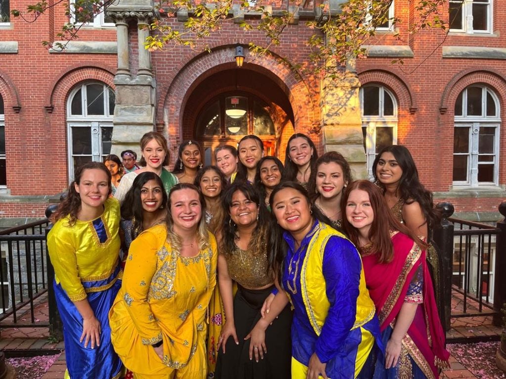 Student Rangila dancers pose for a photo in Dahlgren Quad