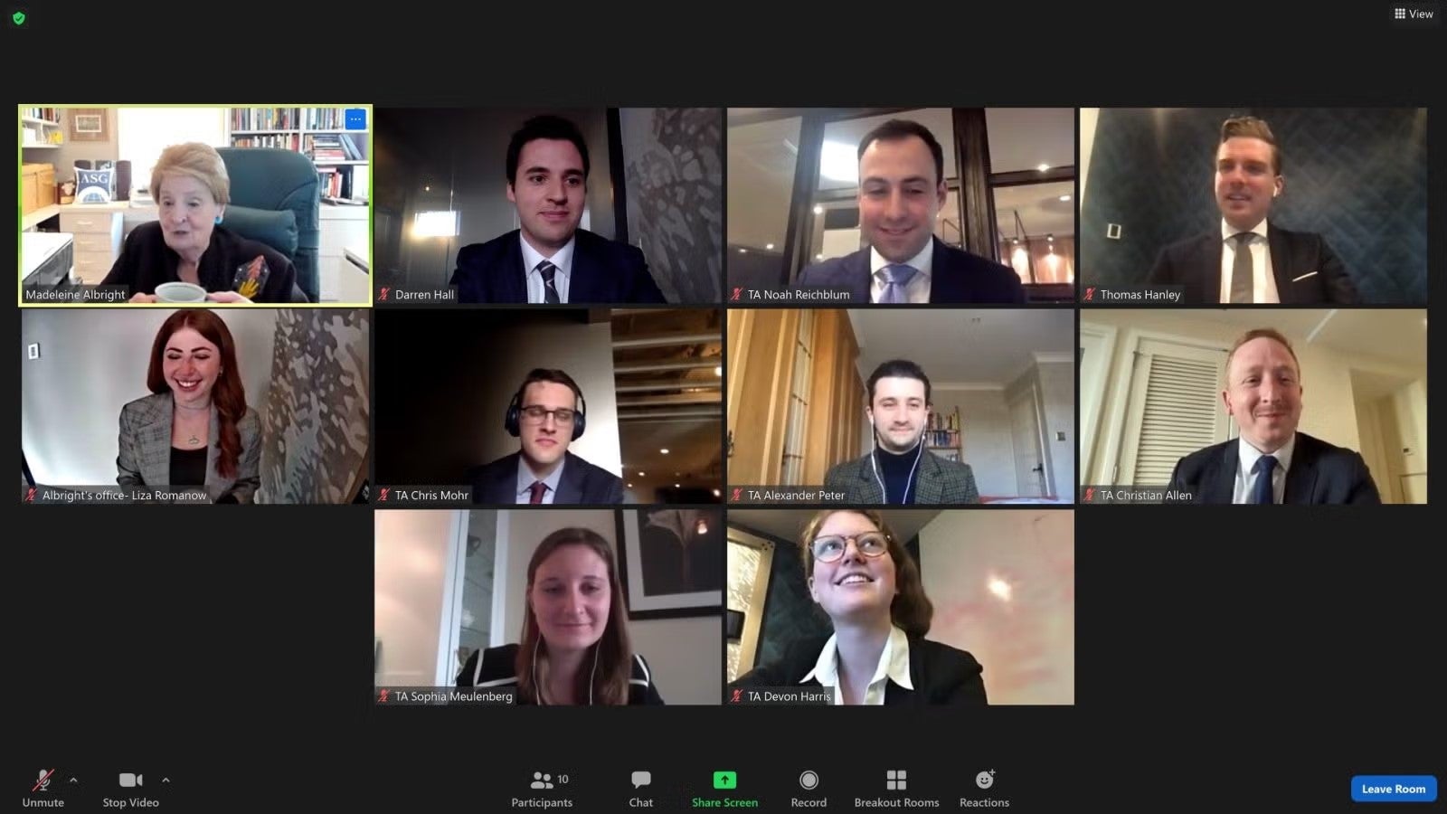 Screenshot of Secretary Albright in Zoom meeting with nine students.