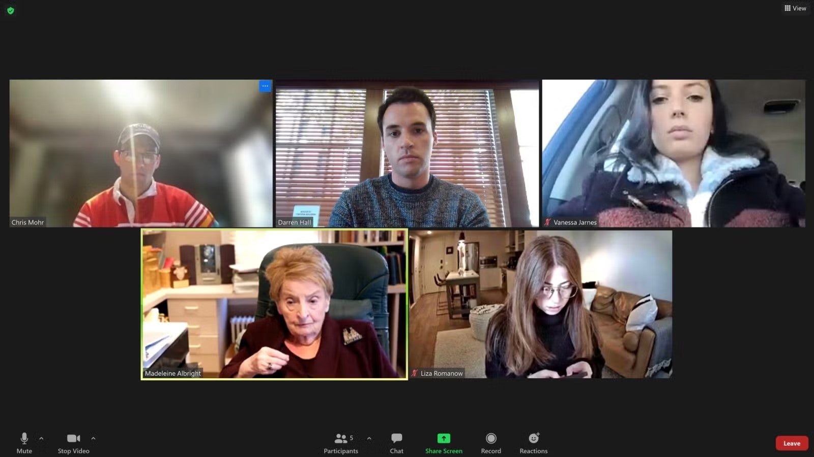 Screenshot of teaching assistants in Zoom meeting with Secretary Albright.