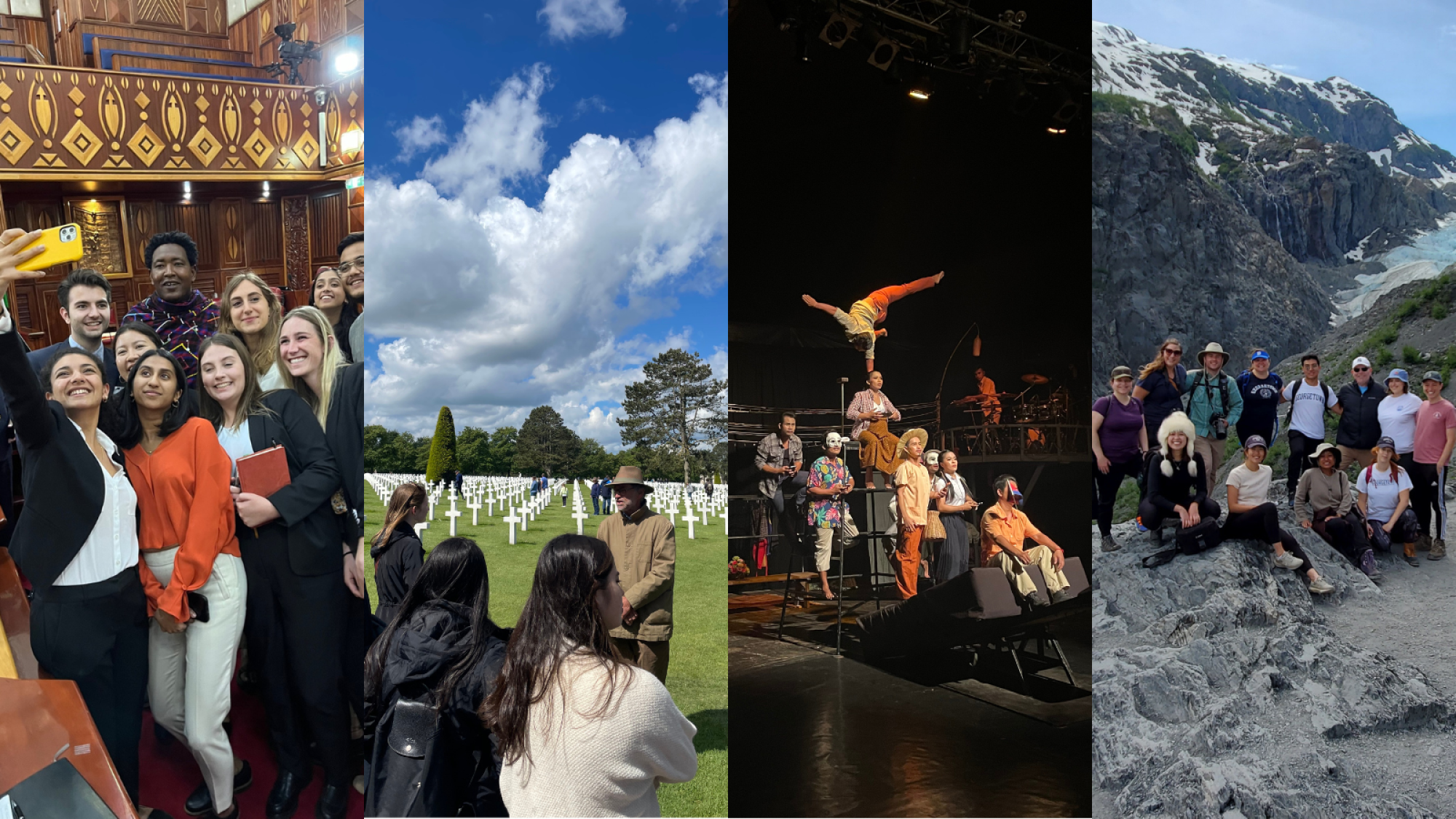 A photo featuring a collage of the following images: students taking a selfie with a Maasai senator, students touring the Normandy American Cemetery, artists performing dance or gymnastics, and students taking a photo next to a receding glacier