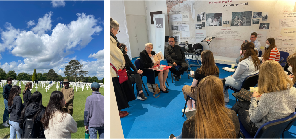 Left, Students sit in a circle to speak with Holocaust survivor Yvette Lévy at the Yahad In-Unum headquarters; right, students observe the Normandy American Cemetery 