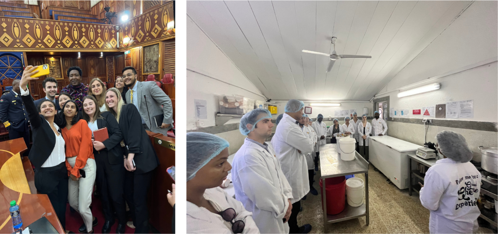 On the left, Students pose for a selfie with Senator Ledama Ole Kina in the Kenya Senate Chambers. On the right, students stand in Brown's Cheese factory listening to an employee speak.