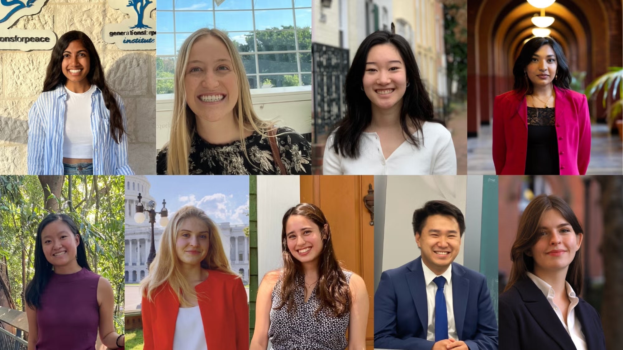 A collage of headshots of the 9 Paul F. Pelosi Scholars who completed summer internships (L-R). First row: Cimrun Srivastava, Lily Erickson, Joyce Yang, Nirvana Khan. Second row: Chendi Liu, Laura Rockefeller, Marisa Morrison, Brian Zhu, Elena Sapelyuk.