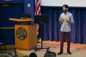 Chakravarty speaks on the ICC auditorium stage