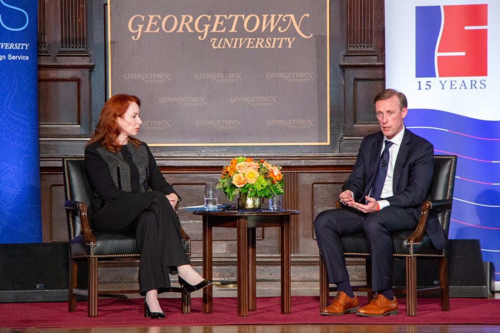 O'Sullivan (left) and Sullivan (right) sit side-by-side while on-stage in Gaston Hall.