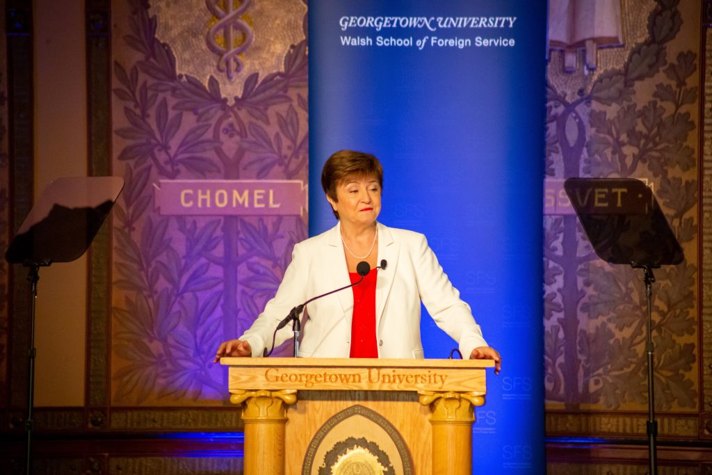 Georgieva looks out into the audience during her solo remarks on-stage in Gaston Hall.