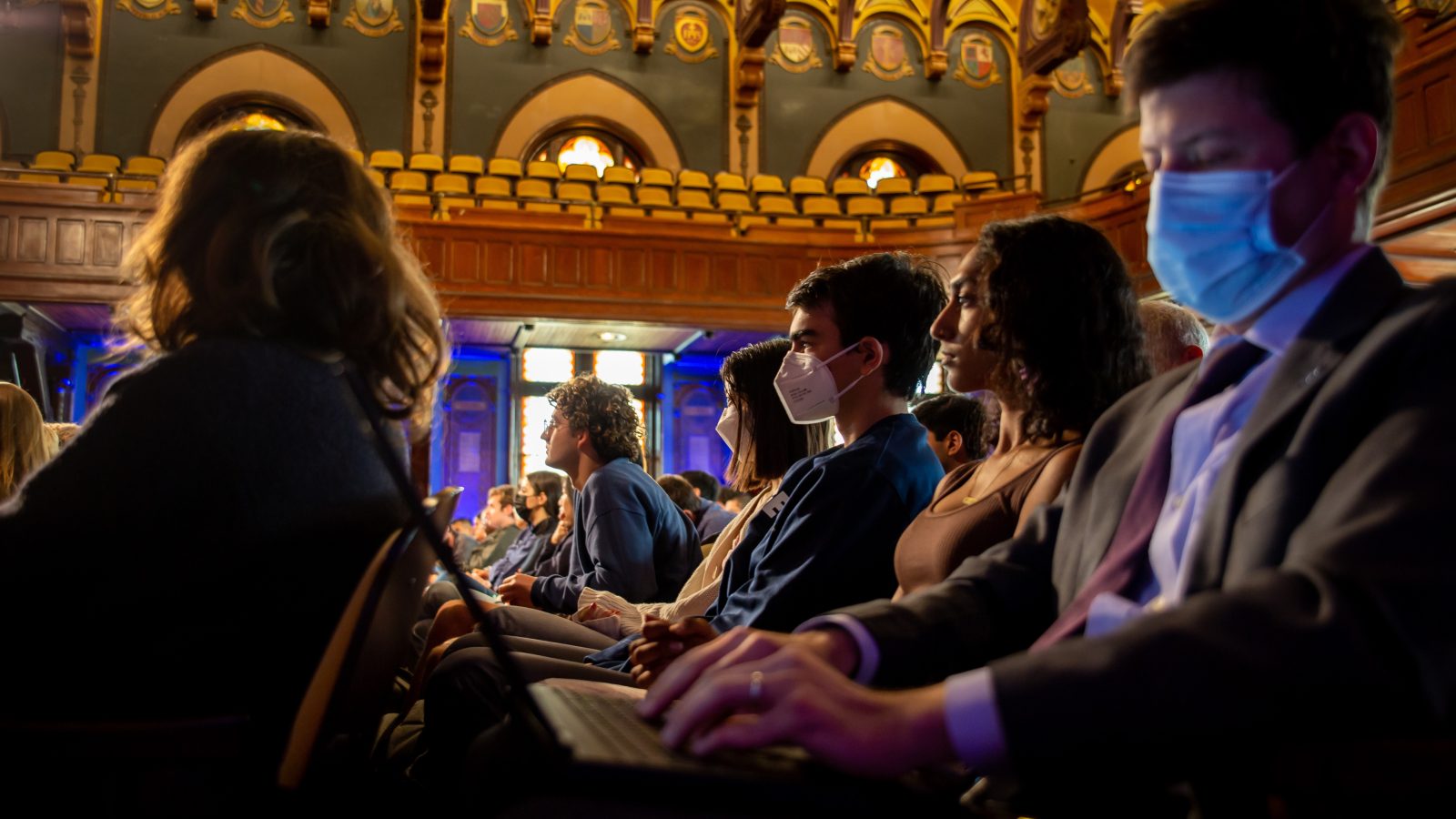 Students listen intently during Georgieva&#039;s solo remarks while seated in Gaston Hall.