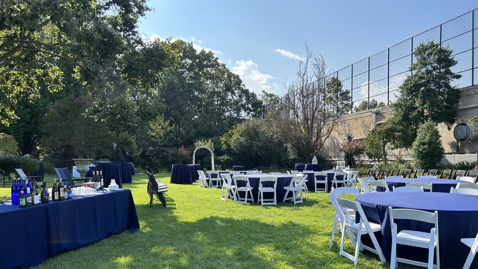 A view of nicely decorated tables outside.