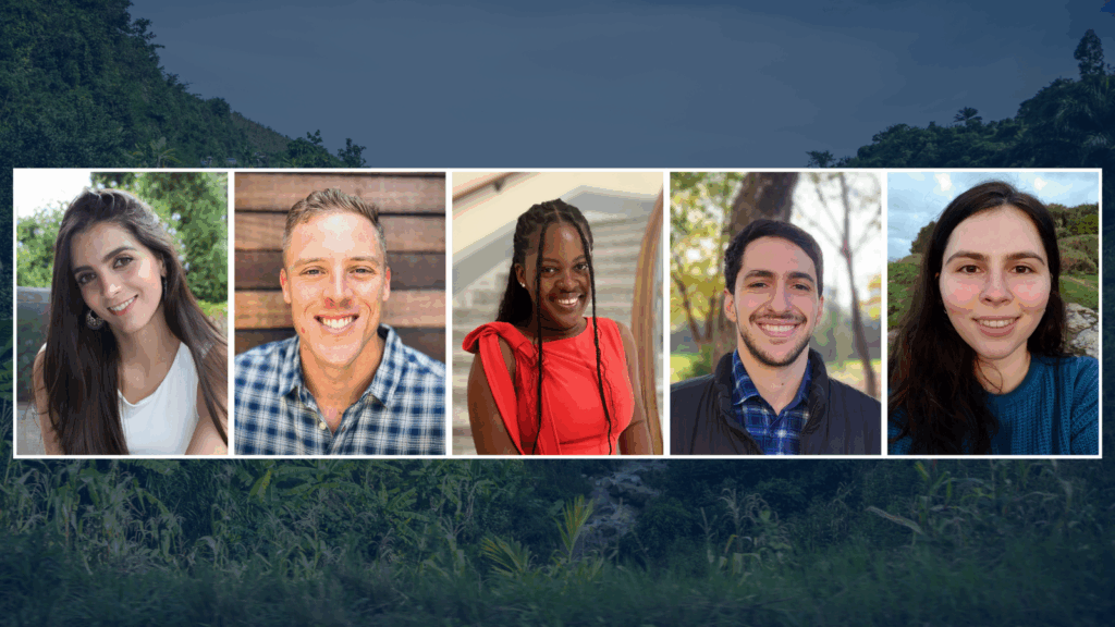 Collage featuring five smiling individuals in front of backgrounds that include lush greenery, a wooden wall, and blurred natural settings.