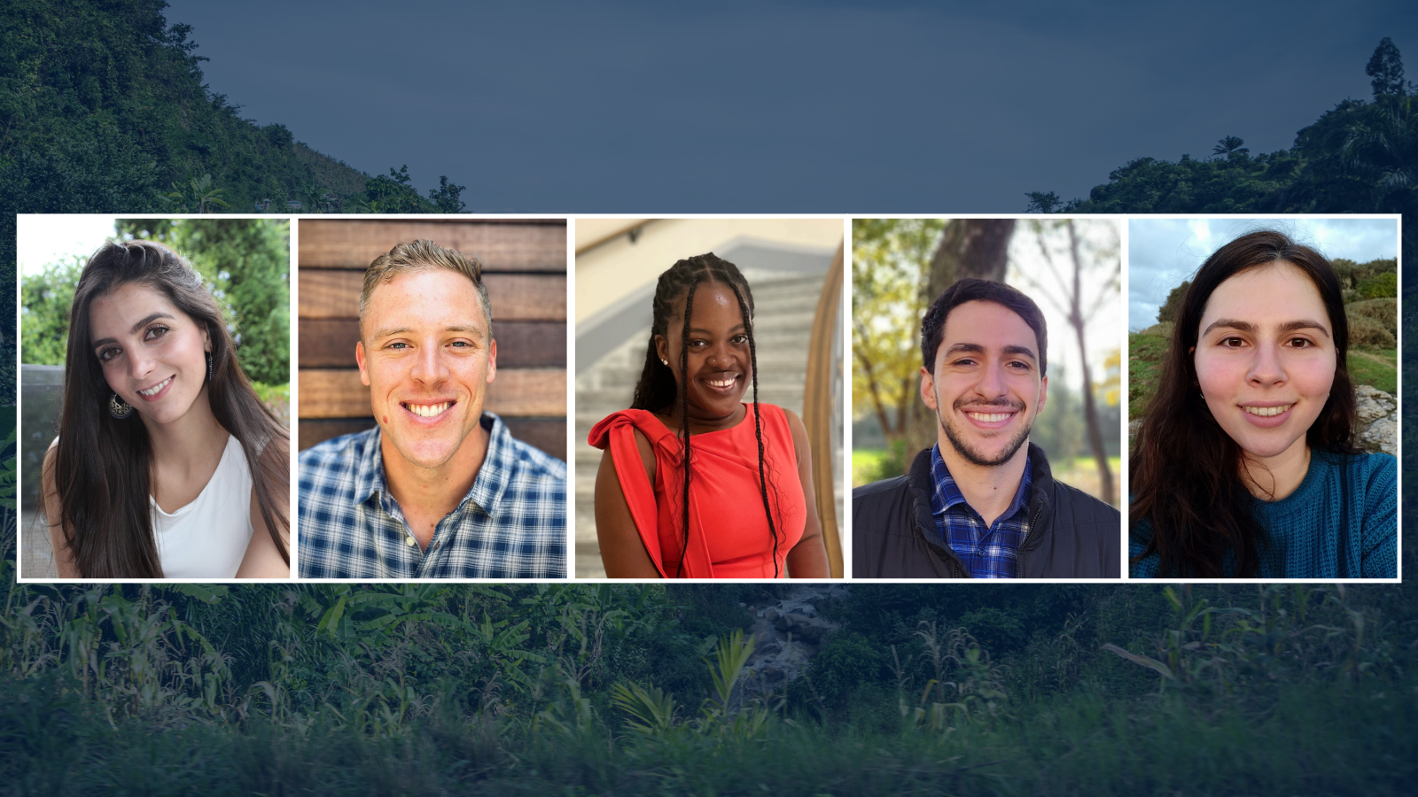 Collage featuring five smiling individuals in front of backgrounds that include lush greenery, a wooden wall, and blurred natural settings.