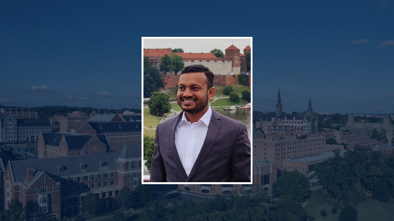 A headshot of Saurabh Bhoyar set against a transparent navy background overlaid on a skyline image of the Georgetown Hilltop campus.