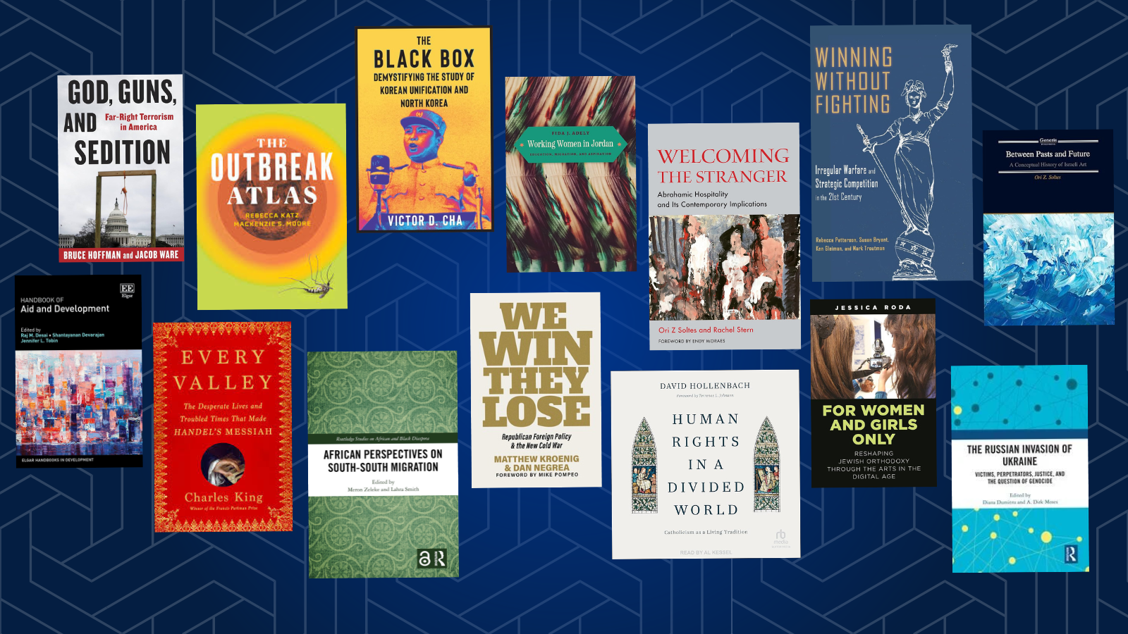 A collage of various book covers on topics ranging from politics and history to human rights and personal development, featuring titles like "For Women Only," "Human Rights in a Divided World," and "The Outbreak Atlas.