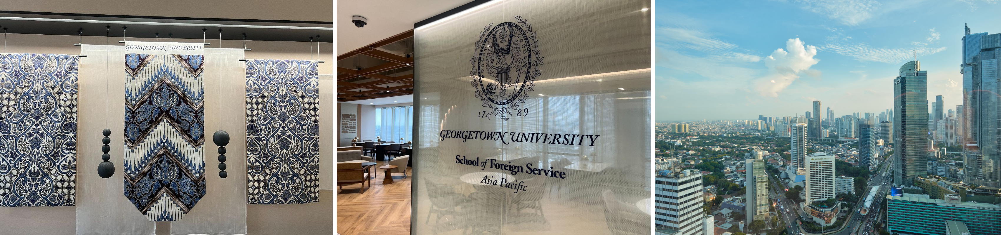 Batik in Georgetown colors, Georgetown School of Foreign Service Asia Pacific logo in new building, view of Jakarta.