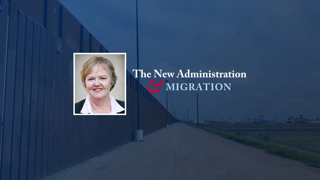 Headshot of Elizabeth Ferris with text that reads &quot;The New Administration &amp; Migration.&quot; An image of the US southern border in the background.