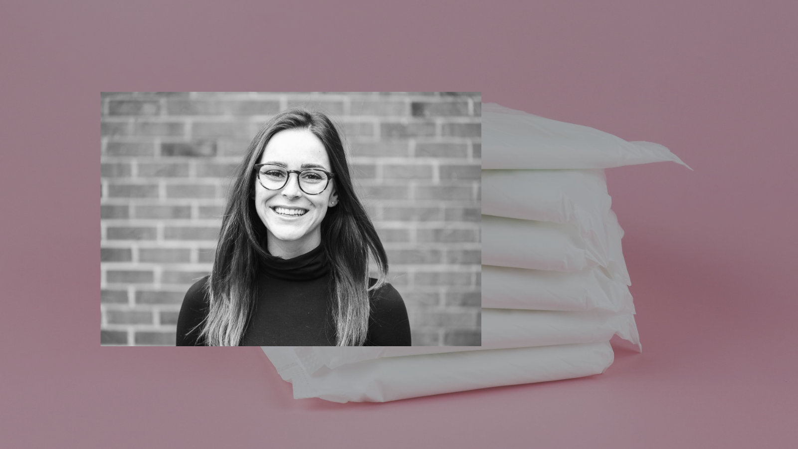 Black and white photo of Emily Friedman over background image of sanitary pads.