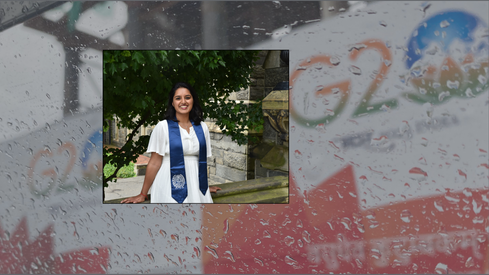 Kavya Shah photo superimposed over image of G20 signs.