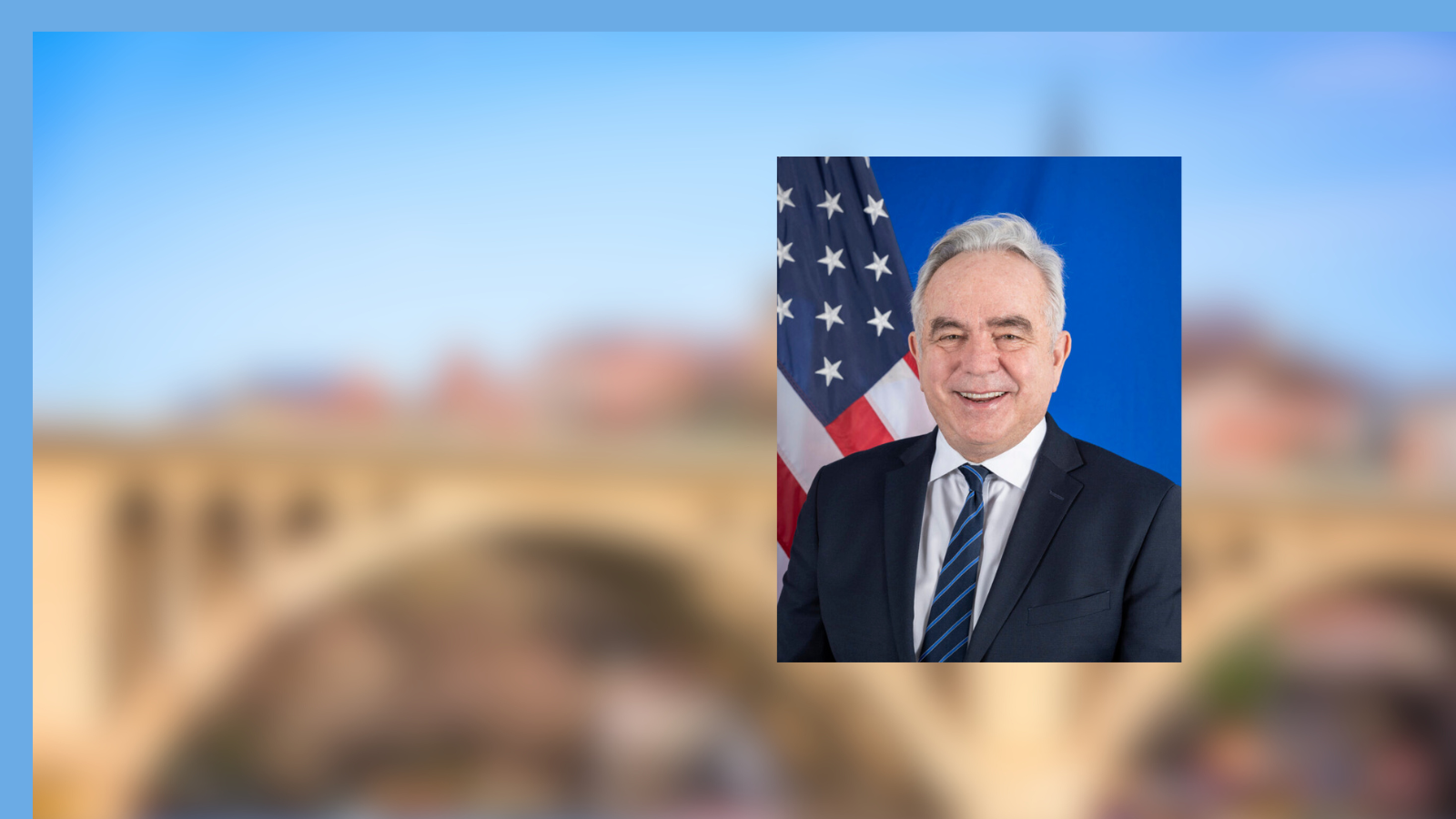 Inset photo Kurt Campbell in front of American flag over blurred background of Key Bridge in Washington, DC.