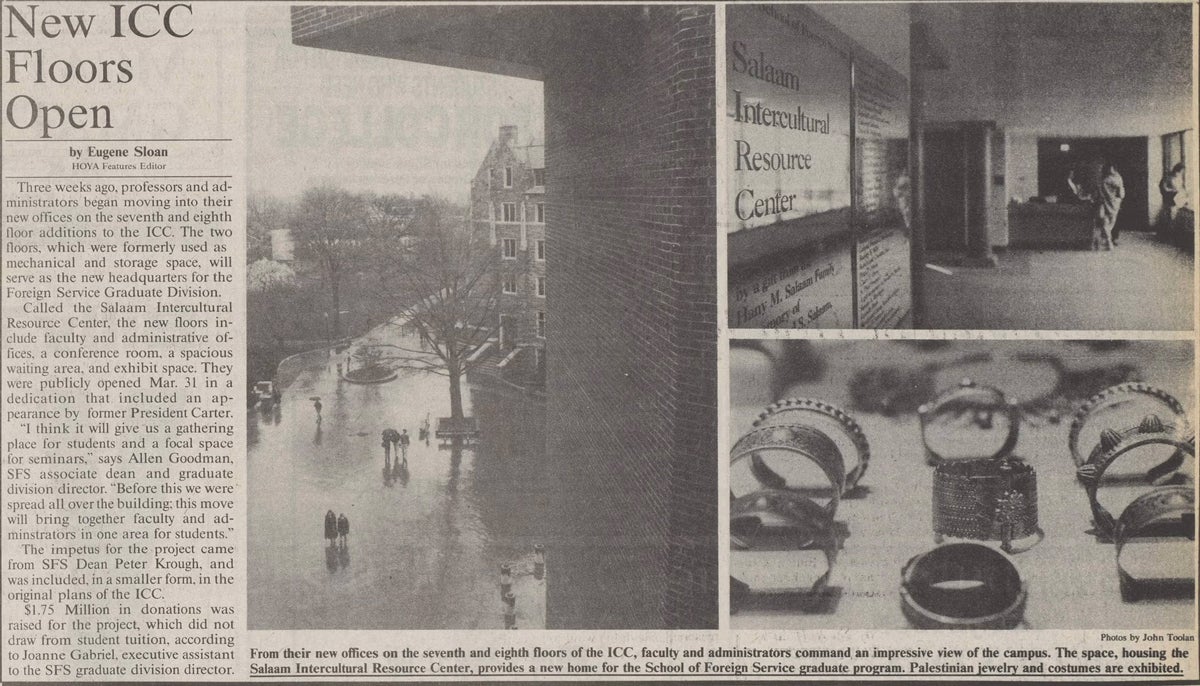 1989 Newspaper clipping: New ICC Floors Open. Photos of the view of campus from the office space, donated jewelry and lobby space.
