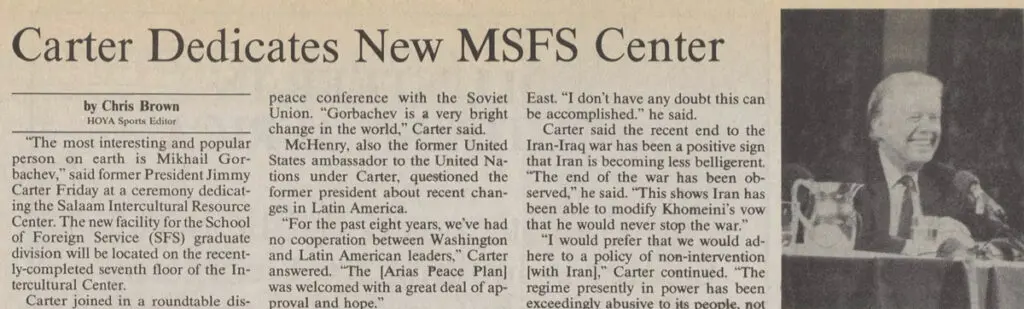 1989 Newspaper clipping: Carter Dedicates New MSFS Center