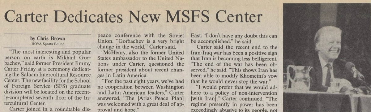 1989 Newspaper clipping: Carter Dedicates New MSFS Center