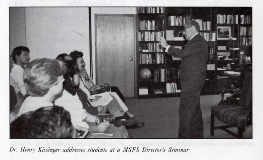 1987- Dr. Henry Kissinger addresses students at a MSFS Director's Seminar, behind closed doors.