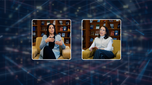 Left frame: Lisa Singh gestures while speaking, seated in an office surrounded by books. Right frame: Katharine Donato sits in a similar office setting, speaking during an interview. Both are connected by a digital network graphic background.