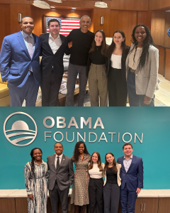 Group of people posing for a photo in a professional setting, including former President Barack Obama and Mrs. Michelle Obama, with the Obama Foundation logo displayed prominently in the background in the lower image.