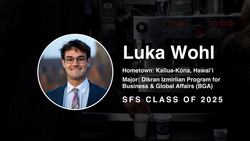 Luka Wohl Hometown: Kailua-Kona, Hawaii Major: Dikran Izmirlian Program for Business and Global Affairs SFS Class of 2025