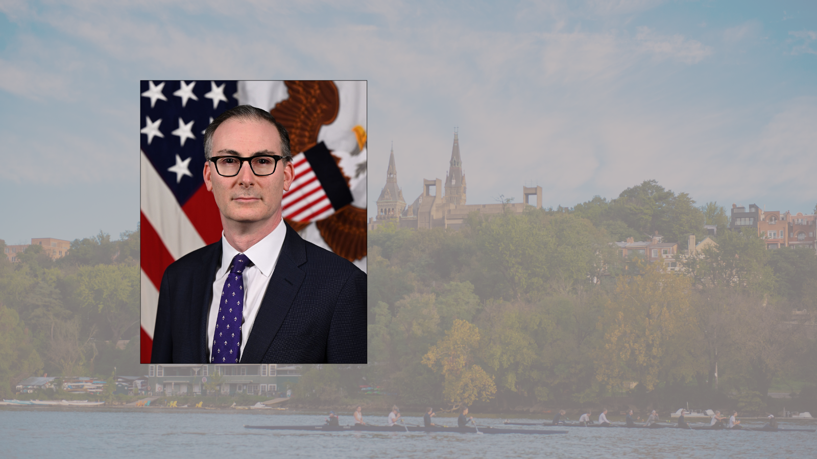 Headshot of Michael Sulmeyer superimposed over background of Georgetown University and the Potomac River