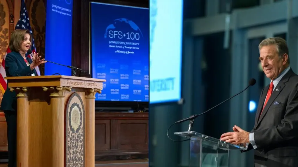 Compound image. On right, Nancy Pelosi speaks at a podium in Georgetown's Gaston Hall. SFS 100 banners are behind her. On left, Paul Pelosi speaks at a podium in a conference hall. The Georgetown seal is on a screen behind him.