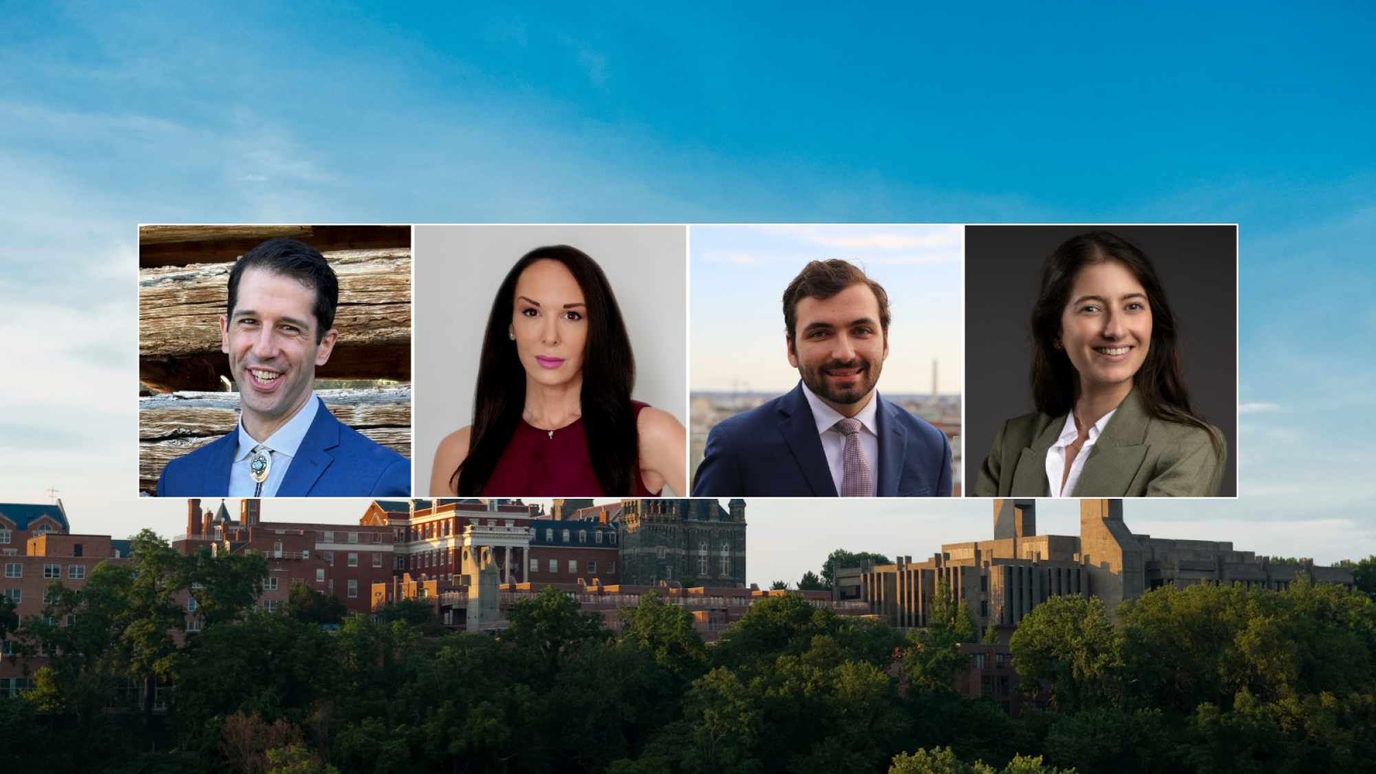 Four professional portraits superimposed over a cityscape. Each person is dressed in business attire.